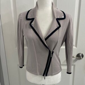 Karen Millen Knit Sweater Jacket Black Trim Asymmetrical Zipper V Neck Collar